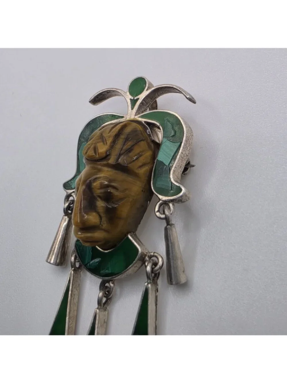 Vintage Taxco Mexico 925 Sterling Silver Malachite Tiger Eye Mask Brooch Pin